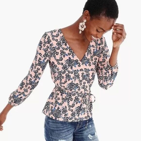 J. Crew Drapey crepe faux-wrap blouse in blush bouquet - Picture 1 of 14